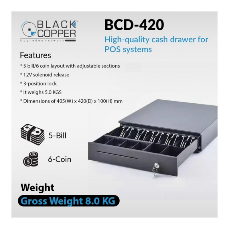 Black Copper BCD-420<br/>Cash Drawer<br/>( 5 Bill / 6 Coins )