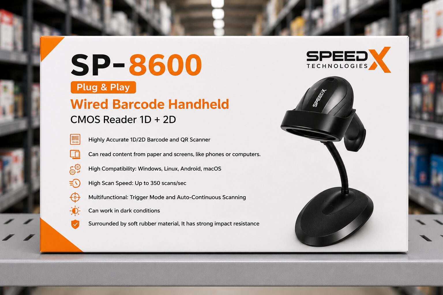 Speed X SP-8600<br/>Barcode Scanner + Stand<br/>( 1D ~ 2D ~ QR )